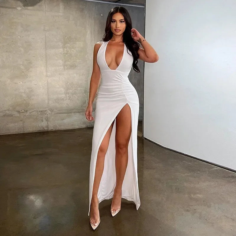 Sexy High-Purity Color V-Neck Long Split Dress Tight Fit Knee-Length New Arrival Women's Dress Empire Waistline Sleeveless